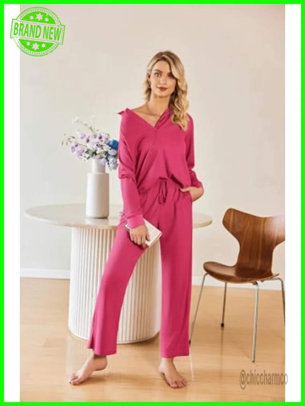 Womens 2 Piece Matching Lounge Set Sweatsuit Waffle Knit Pajamas Long Sleeve